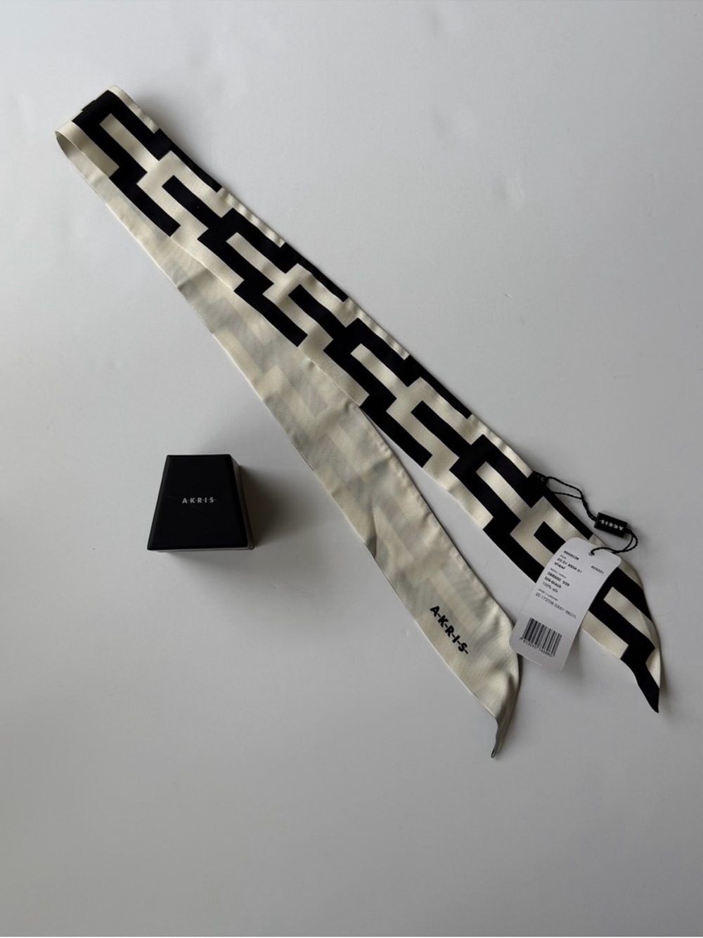 Akris Black and Cream Geometric Silk Twilly Scarf